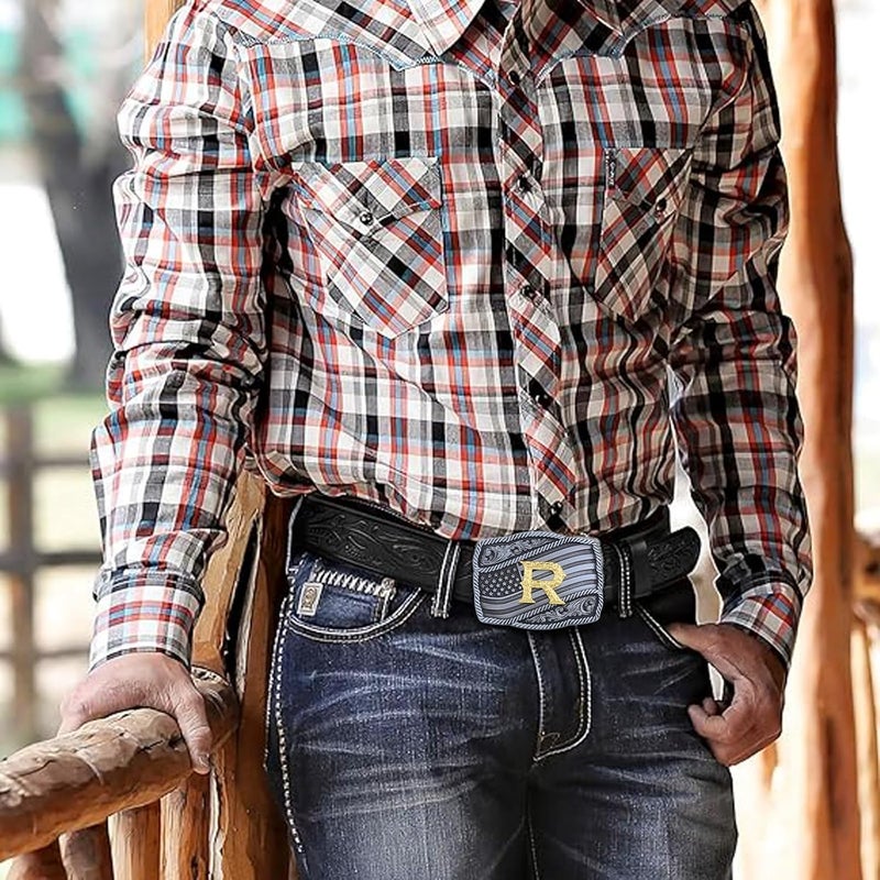 Fibbadet Store Western Cowboy Initial Letters A-Z American Flag Belt Buckle for Men Fathers Day Boyfriend Husband - Image 3